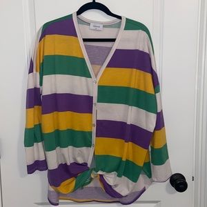 XL Mardi Gras striped 3/4 sleeve tee